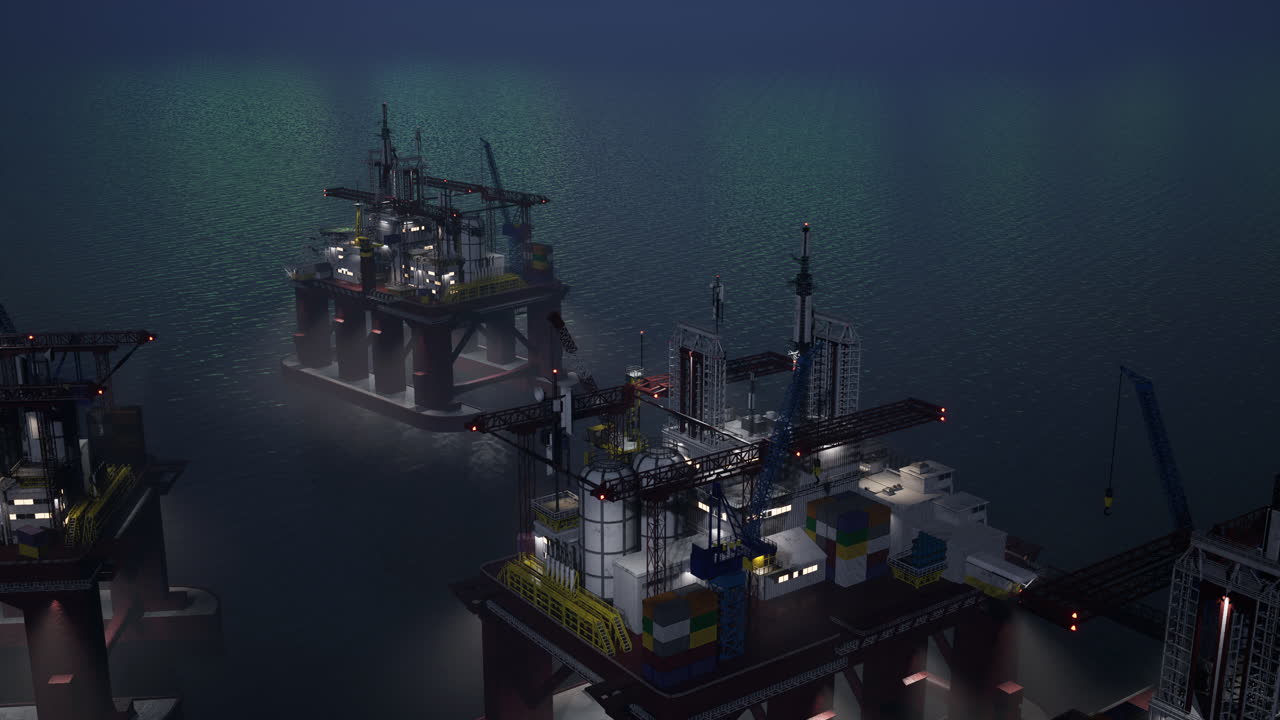 Offshore olieplatform, der muliggør havbundsboring under grøn nordlys