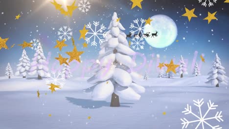 Animation-of-snowflakes-and-golden-stars-over-winter-landscape-against-night-sky