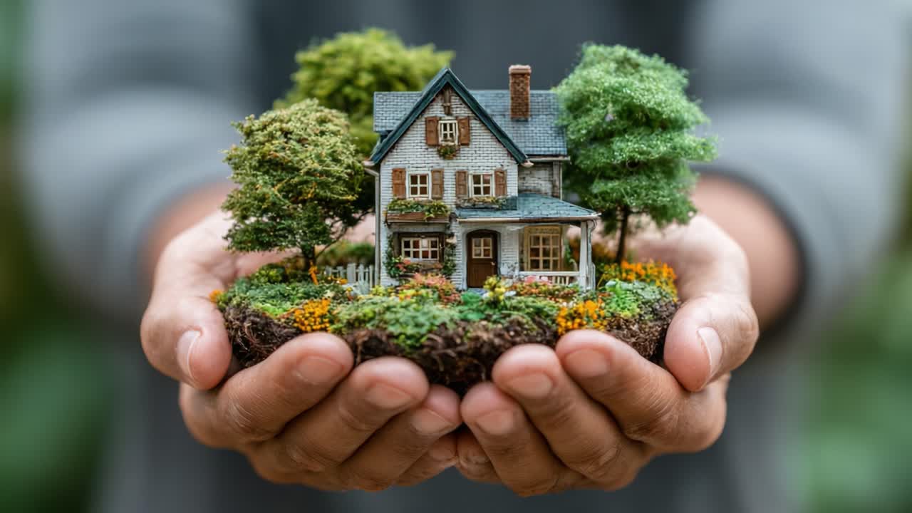 Een miniatuurhuis genesteld in handen, omringd door weelderig gebladerte en levendige bloemen, als symbool voor zorg en verbinding met de natuur