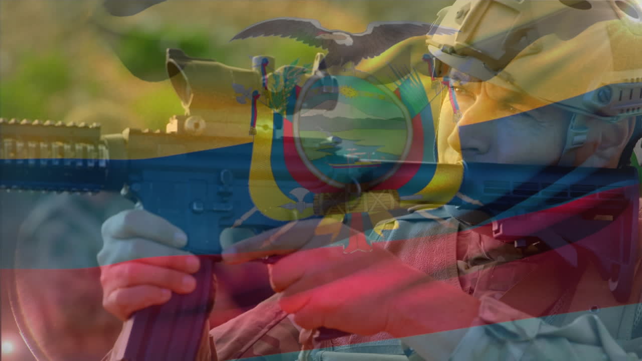 콜롬비아의 발이 카우카시안 남성 군인 위에 소총을 겨냥하고 있는 애니메이션