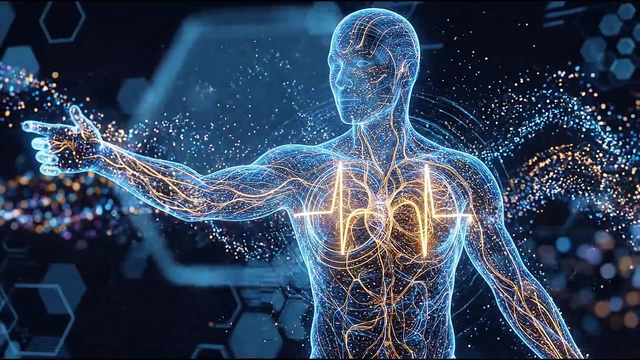 Blue glowing human figure with highlighted nervous system and data visualization elements in cyber space