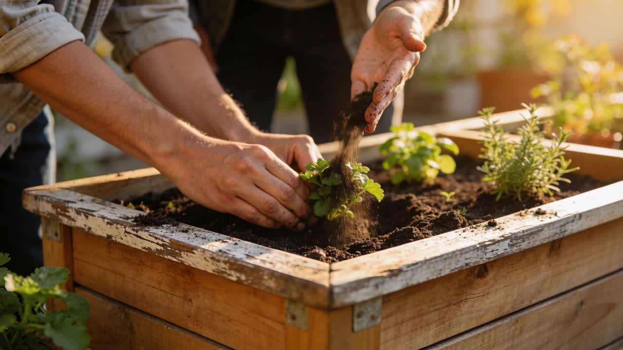 Two adults placing herb sprout in planter one holding as other adding soil pressing roots gardening