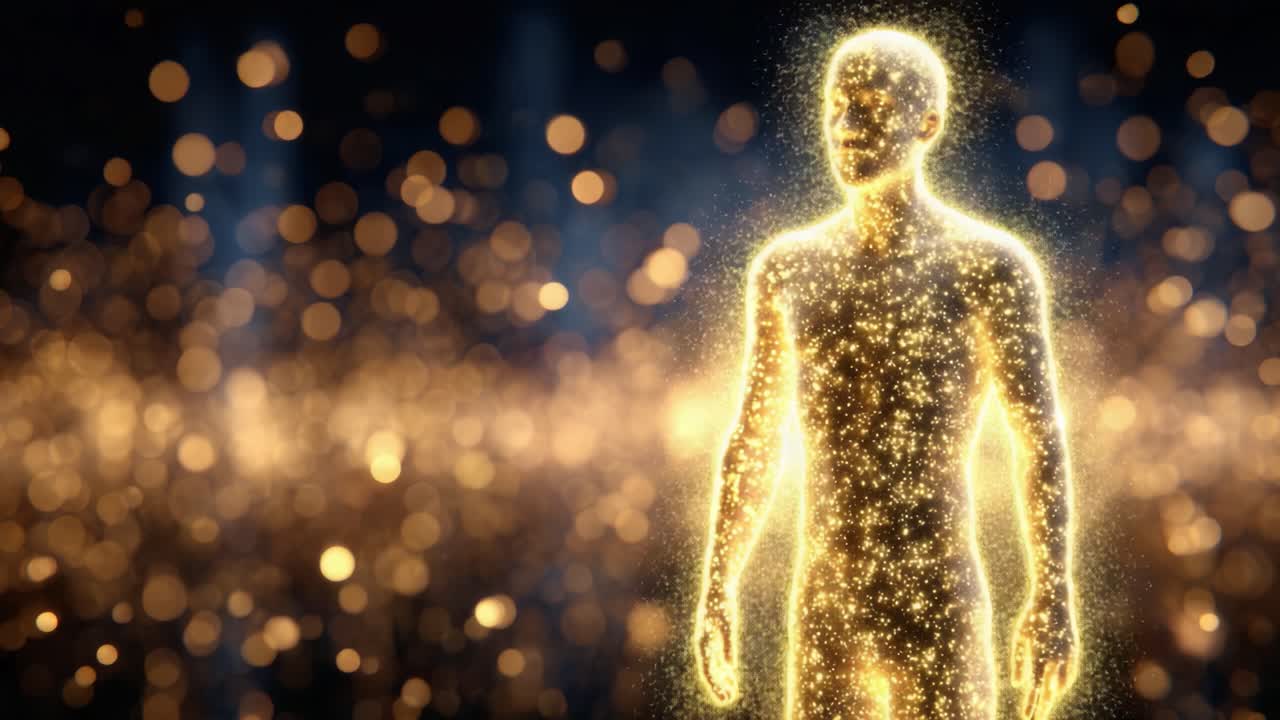 A Glowing Figure Emerges Surrounded by Shimmering Lights, Symbolizing Transformation and Enlightenment in a Captivating Visual Experience