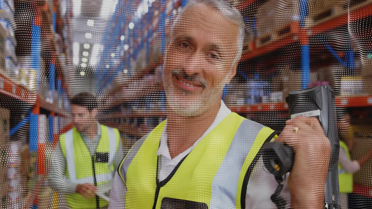 Mature male warehouse worker reaching box, scanning barcode scanner and checking stock along racks