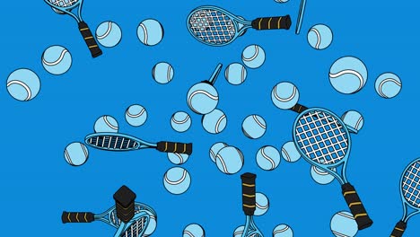 toon style pale blue tennis balls and tennis rackets on blue background.