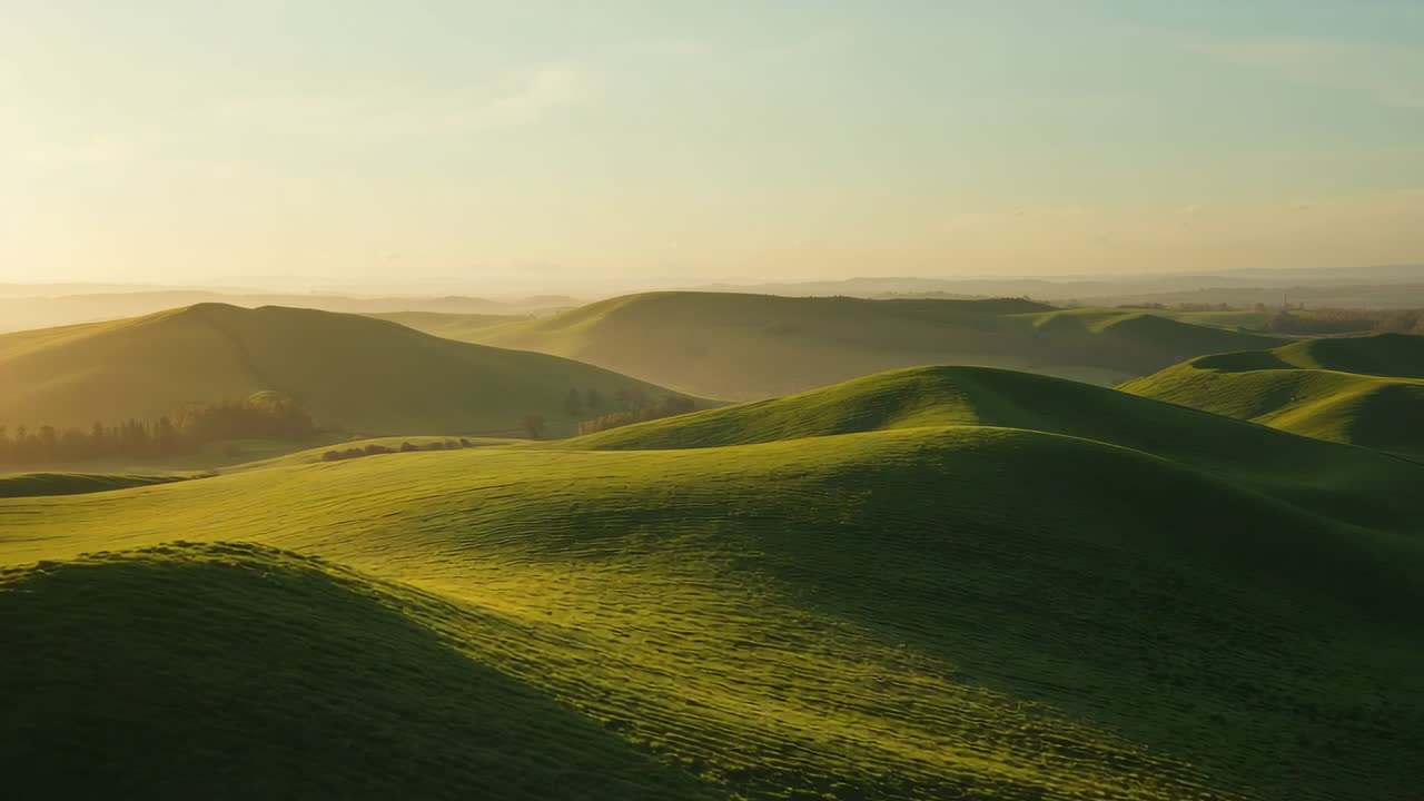 Low sun dipping near horizon causing camera panning across rolling hills revealing shifting shadows