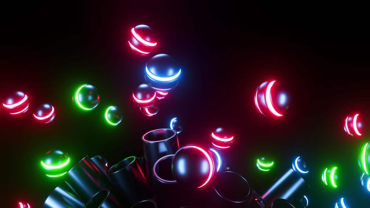 Sfere al neon multicolori saltano fuori da tubi metallici. Animazione in loop infinito