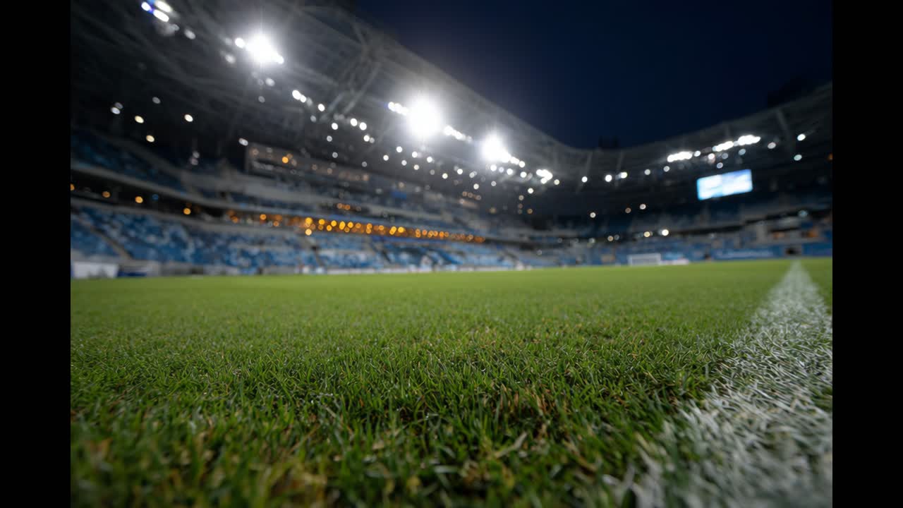 Campo da stadio di calcio vuoto di notte con luci intense