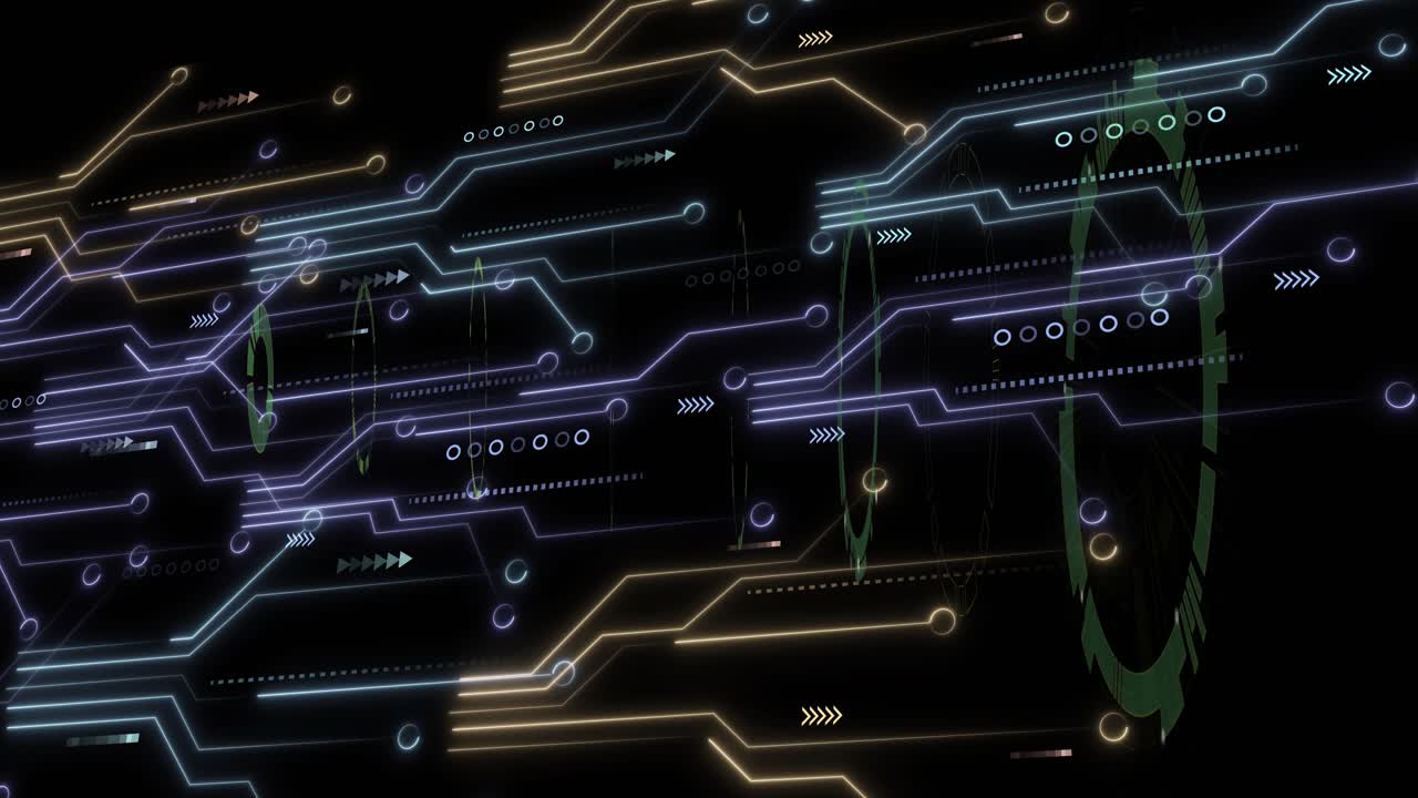 Green circle forming, neon lines sweeping, rings pulsing, breaking reforming visualizing data flow
