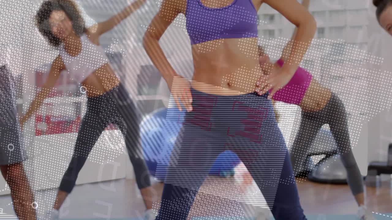 Front lead guiding, doing side bends then ending standing for fitness, dotted overlay tracing arms