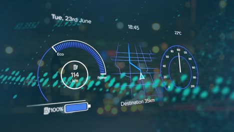 animation of electric car speedometer data processing over city