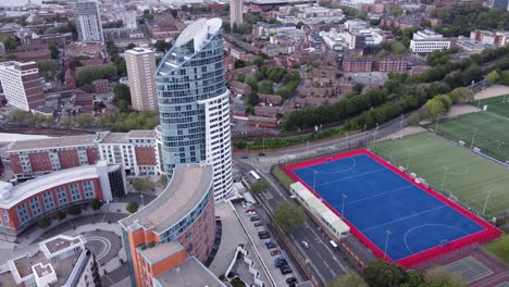 shopping center of gunwharf quays and the hms temeraire sports facility in portsmouth, england