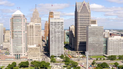 Detroit,-Michigan-aerial-drone-cityscape-urban-downtown-skyline-on-a-nice-summer-day