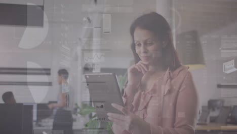 Animation-of-graphs-and-trading-board-over-thoughtful-caucasian-woman-using-digital-tablet-in-office