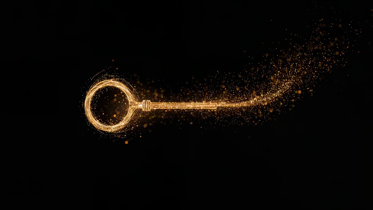 Forming ornate gold key charging on black void, bright point emerging along shaft revealing power