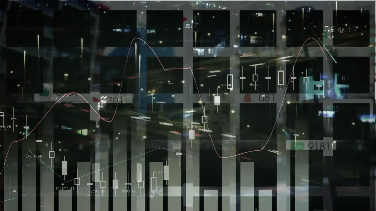 밤에 도시 풍경 위에서 금융 데이터 처리의 애니메이션
