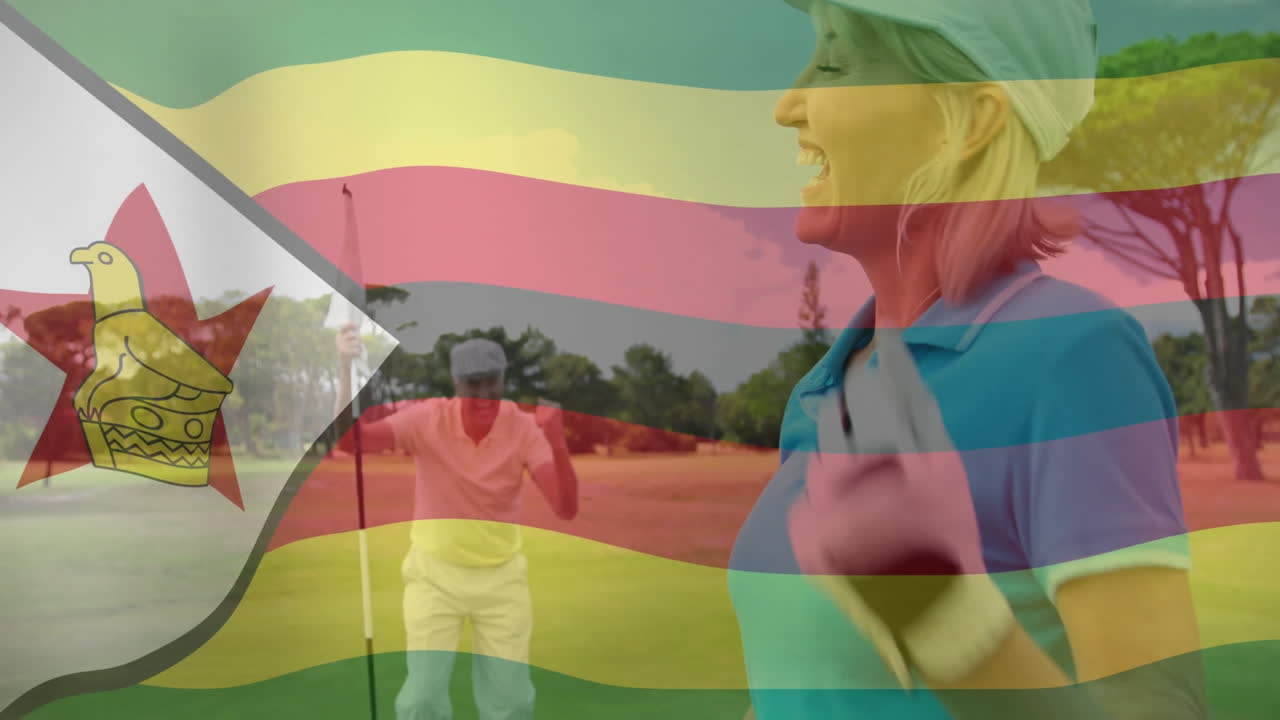 woman pumping fist beside flagstick while senior man celebrating putt with floating business chart