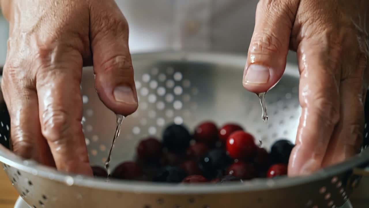 Mani di un cuoco casalingo che sciacquano ciliegie in uno scolapasta sotto l'acqua corrente, premendo la frutta per la cottura.