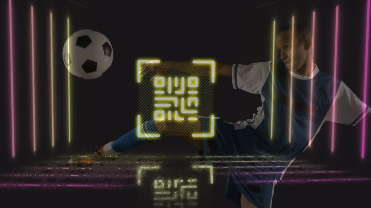 Animazione di codice QR e linee al neon su calciatore maschio birazziale che calcia il pallone