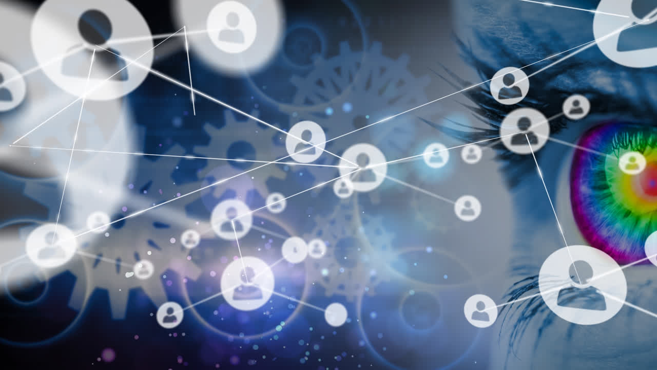 여성의 눈 위에 아이콘으로 연결된 네트워크의 애니메이션