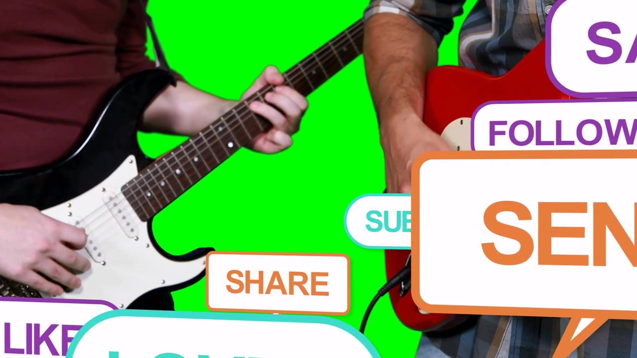 Two guitarists playing on green key SEND bubble causing CTA bubbles covering hands, music promo