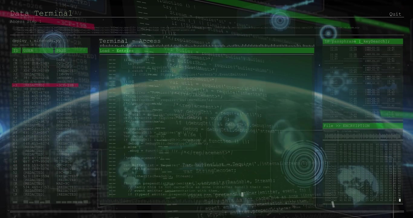 Animation of data processing and scope scanning on black background