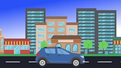 viajes en coche por la ciudad vista lateral, animación en bucle, fondo de diseño plano