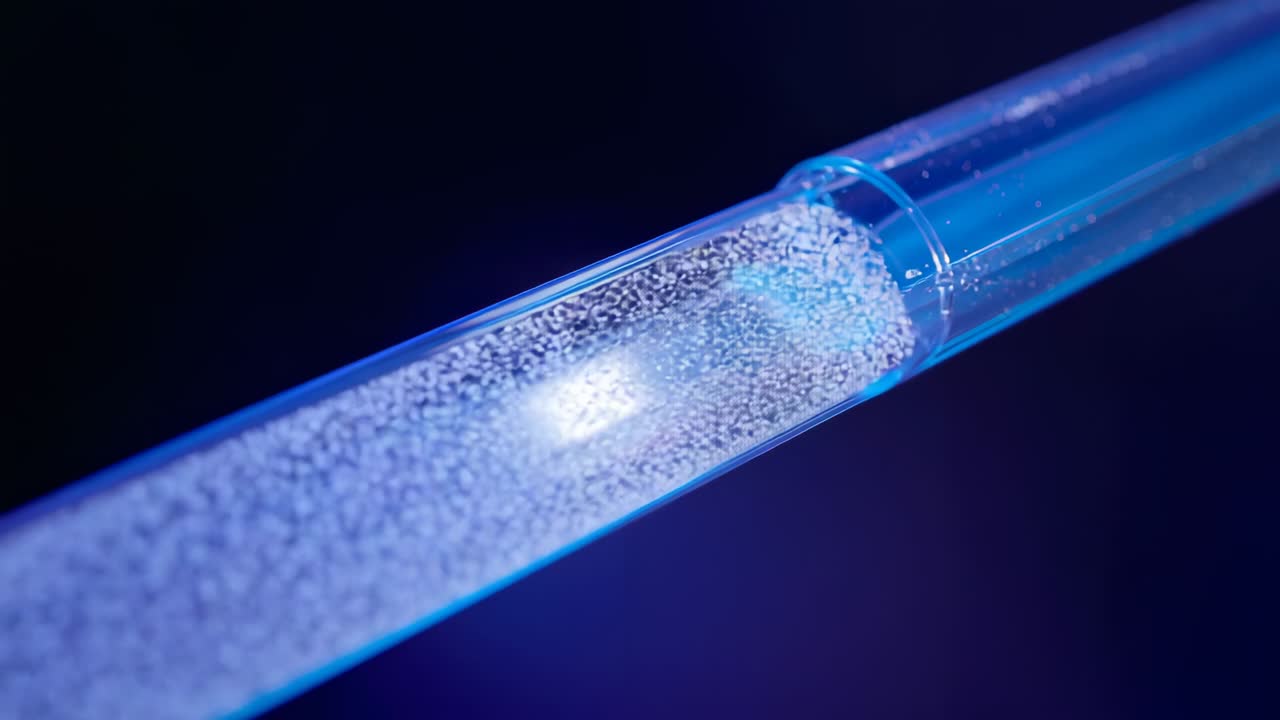 Starting particle flow inner channel carrying white grains passing ring, filling tube in blue light