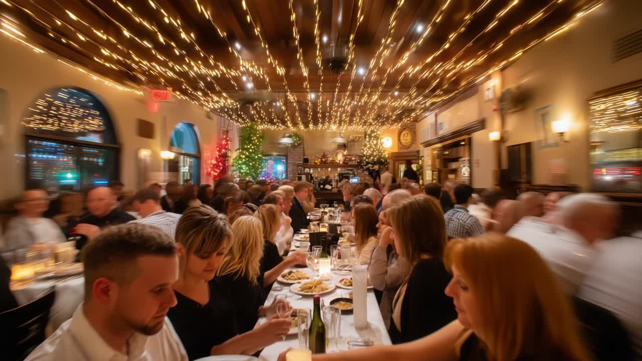 Elegant Dining Experience Under a Canopy of Twinkling Lights and Vibrant Decor, Featuring Guests Enjoying Seasonal Delicacies Amidst a Warm and Festive Atmosphere of Celebration and Togetherness