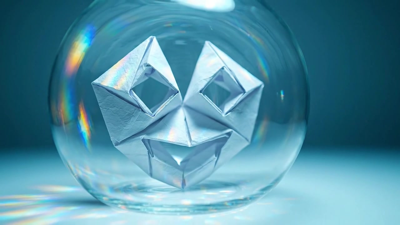 En finurlig origami-figur, der ligner et venligt ansigt, er indkapslet i en gennemsigtig boble, omgivet af blød belysning og et fængslende farvespektrum