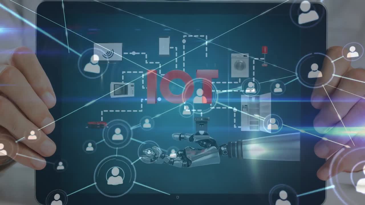 로 ⁇  손과 아이콘을 가진 태블릿을 들고 있는 손을 통해 연결 네트워크의 애니메이션