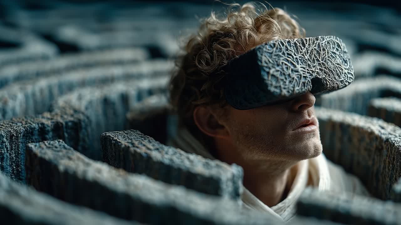 Exploring the Depths of Perception: A Thoughtful Individual Lost in a Textured Maze, Wearing Unique Visual Gear that Enhances Focus and Awareness Amid a Complex Three-Dimensional Environment