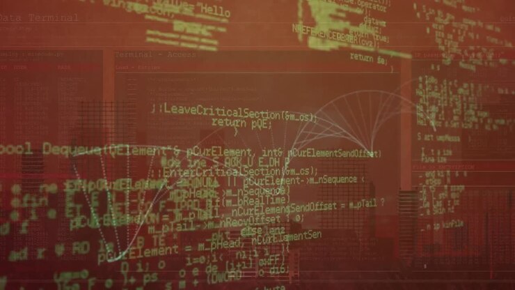 Animation of data processing over orange background, dna and cityscape