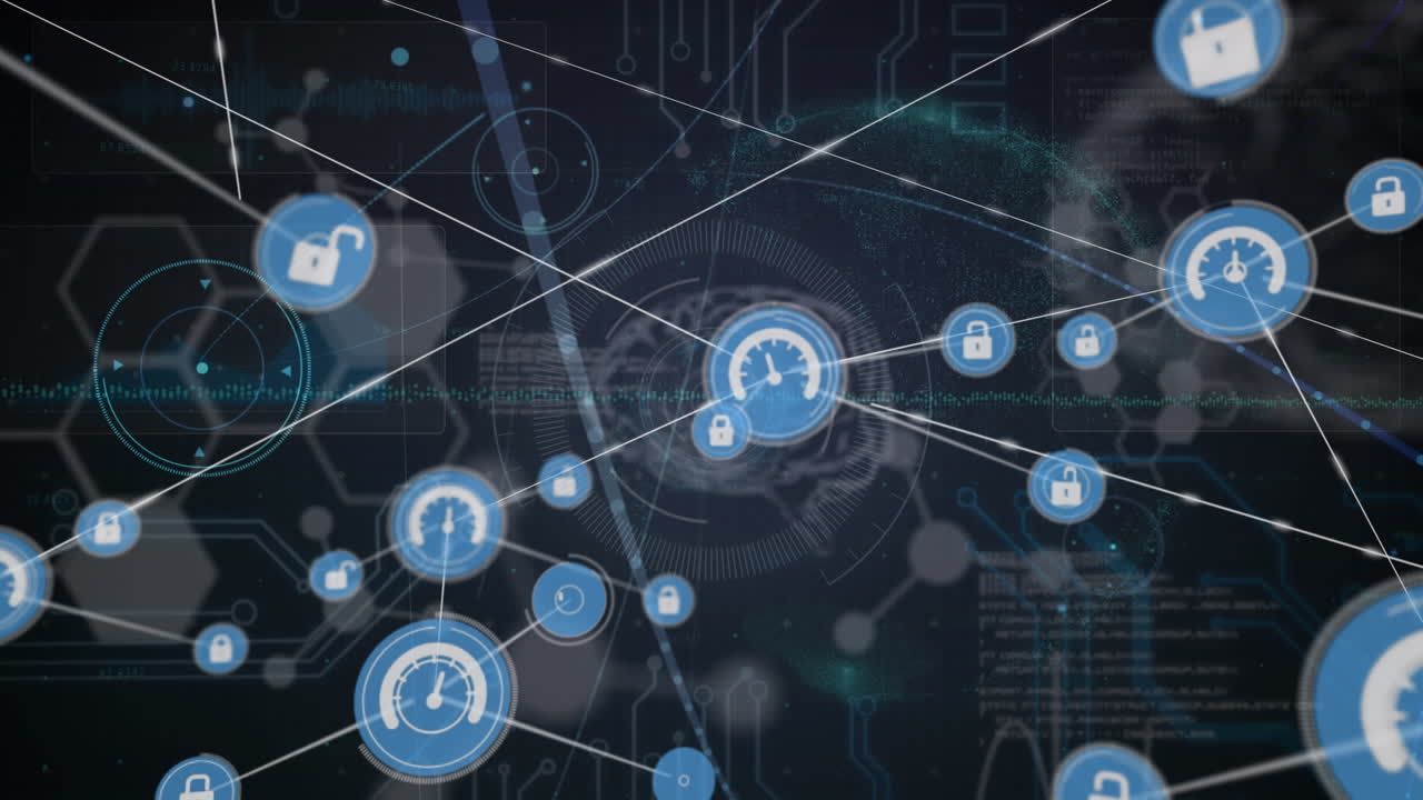 Animation of network of connections with icons and data processing on dark background