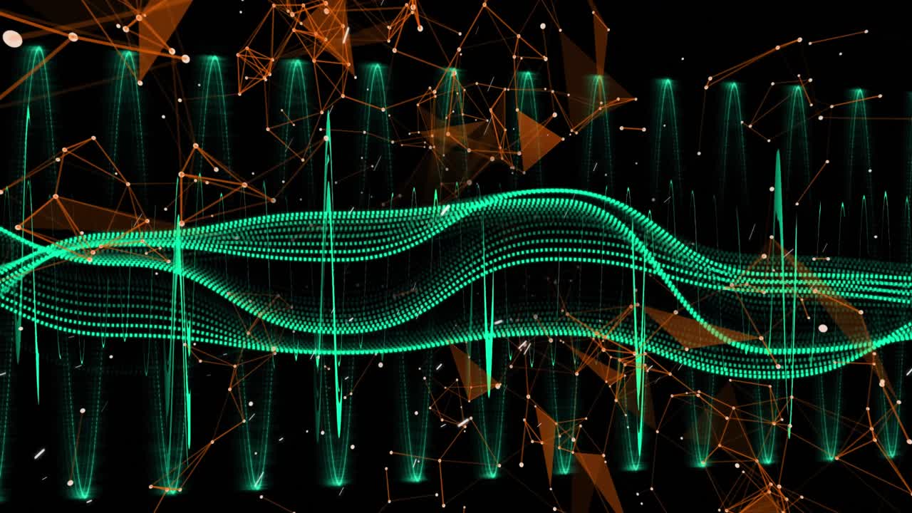 Animation of red pattern over rotating dna strand and data processing on black background