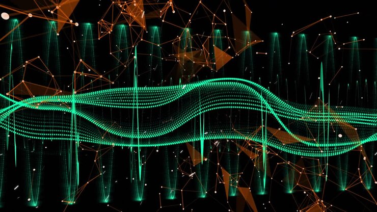 Animation of red pattern over rotating dna strand and data processing on black background