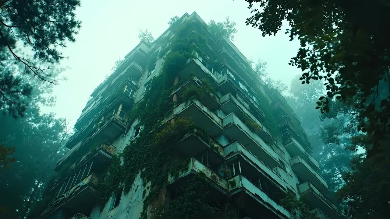 A tall building with ivy growing on the side of it in the woods