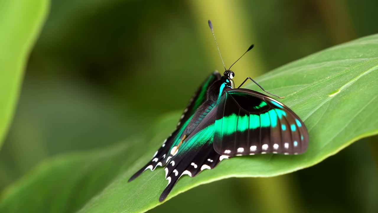 Farfalla verde iridescente che apre e chiude le ali su una foglia