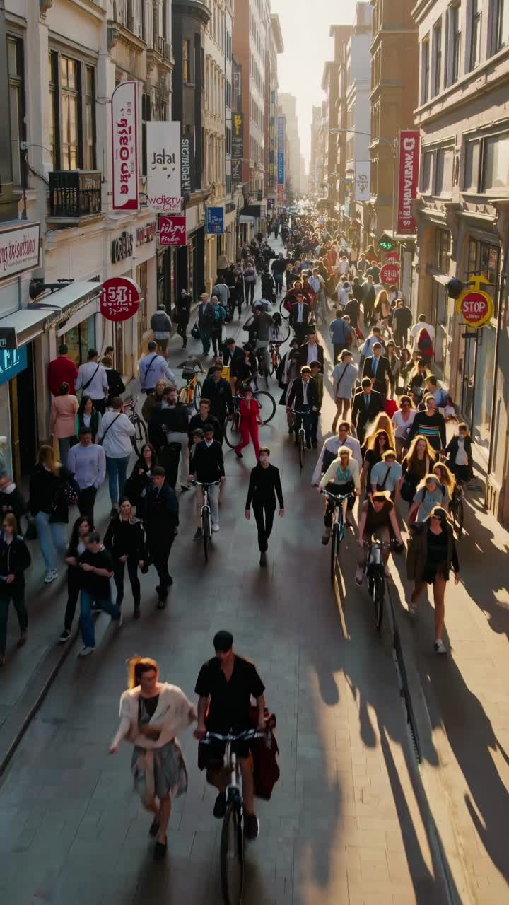 A bustling city street filled with pedestrians and cyclists, captured from a high angle