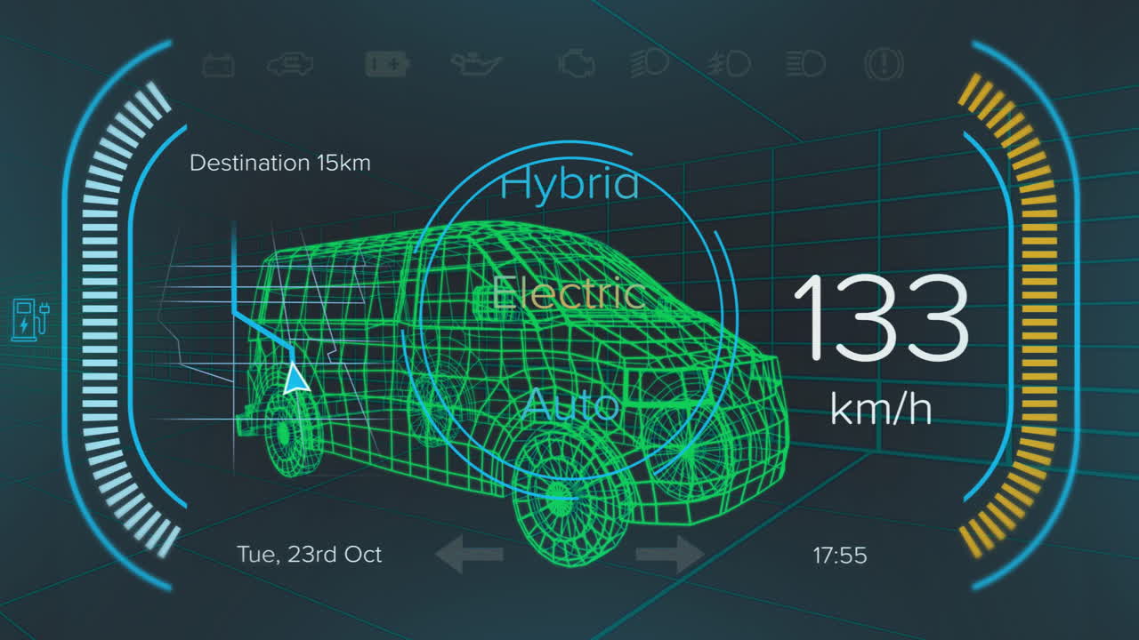 Animation of car interface over digital van model on black background