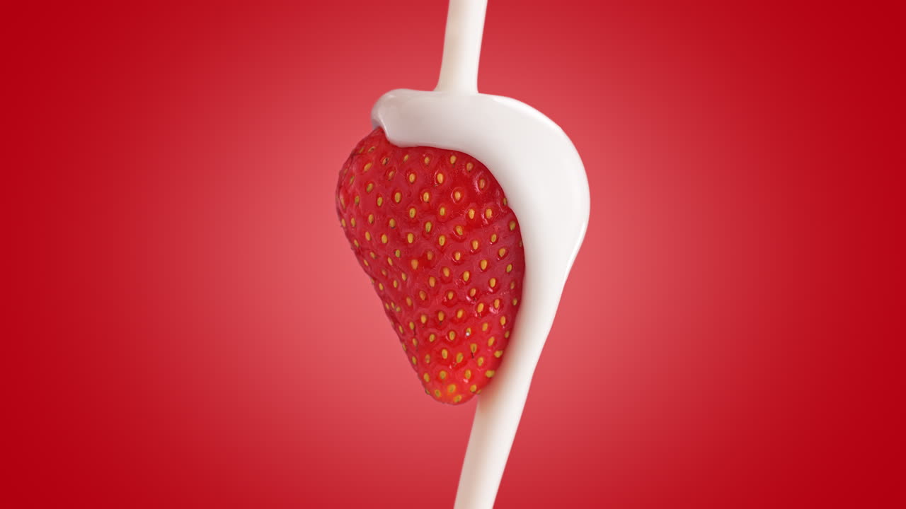 크리미 요거트 가 은 스로우 모션 의 은 배경 에 익은 맛 있는 딸기 를 고 있다