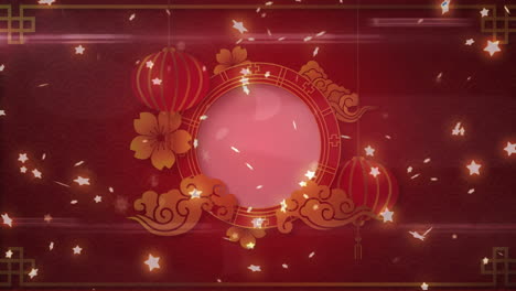 animación de estrellas brillantes que caen sobre un círculo rosado con anillo y decoración giratorios rojos y dorados