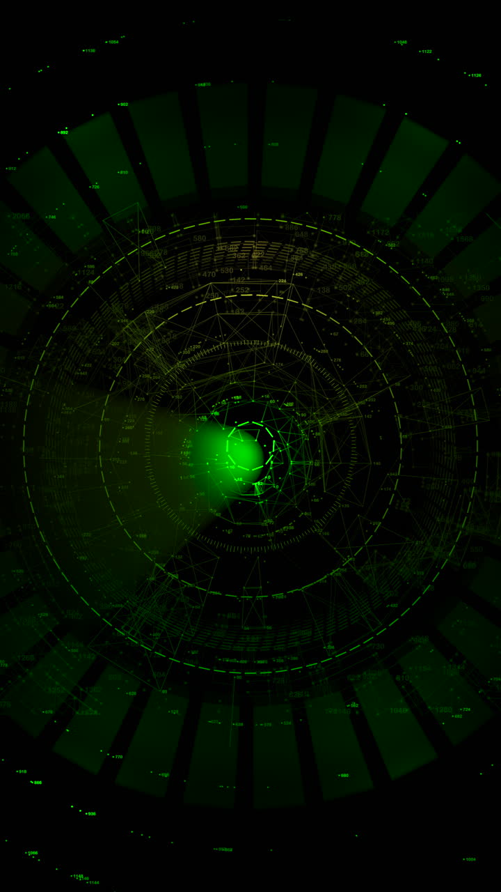 Interfaccia radar 9:16 con sonar a scansione verde e punti dati. Ottimizzata per app mobili, storie tecnologiche per social media e concetti di interfaccia futuristica per smartphone