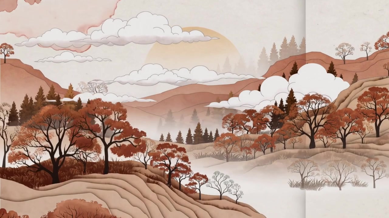 摇摄彩绘山谷，展现纹理纸画卷中近处的树木和梯田，伴有阳光和薄雾