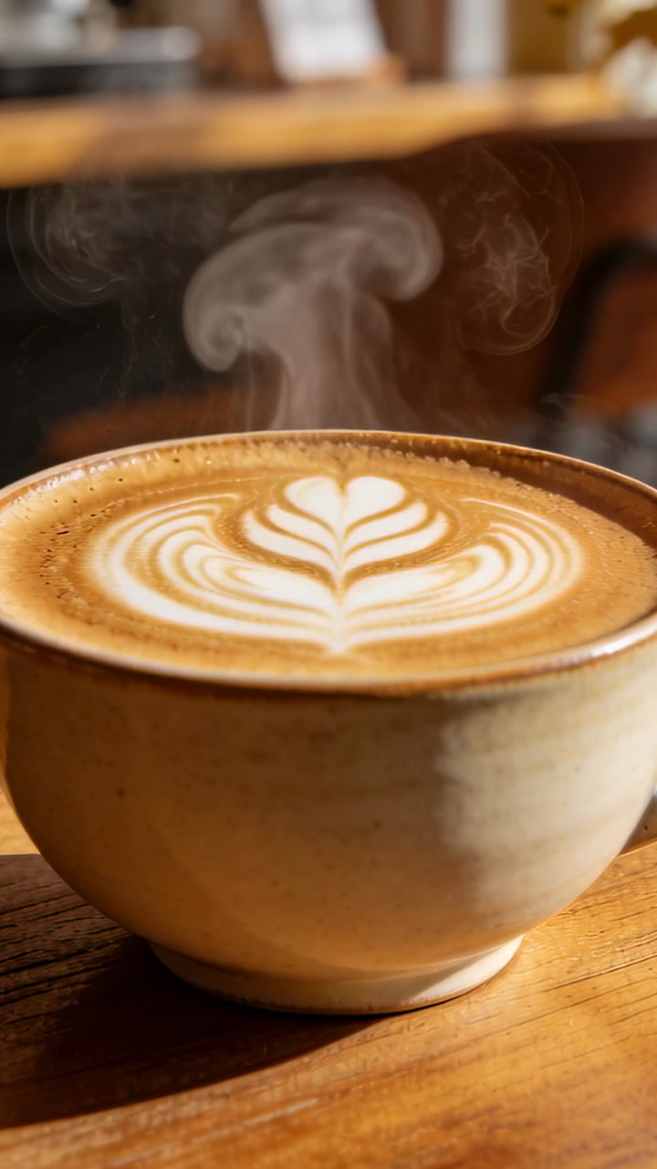 Vertical video: Rising steam from hot latte cooling, ceramic cup resting on wood table, rosetta art
