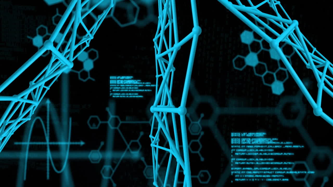 DNA strands and scientific data processing animation over molecular structures background
