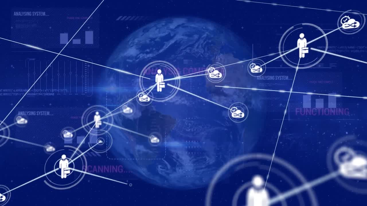 디지털 아이콘 네트워크의 애니메이션과 회전하는 지구에 대한 데이터 처리 인터페이스