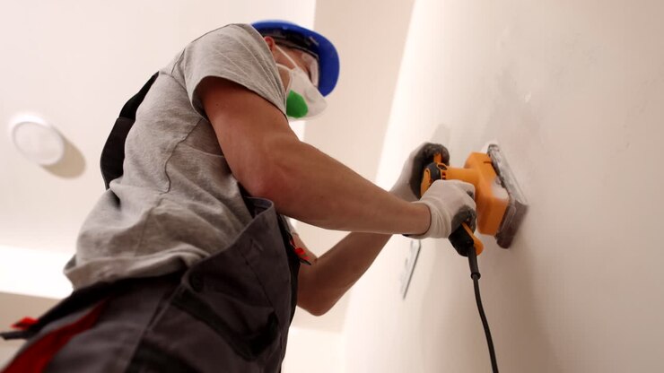 Worker with respirator uses electric polisher to grind wall