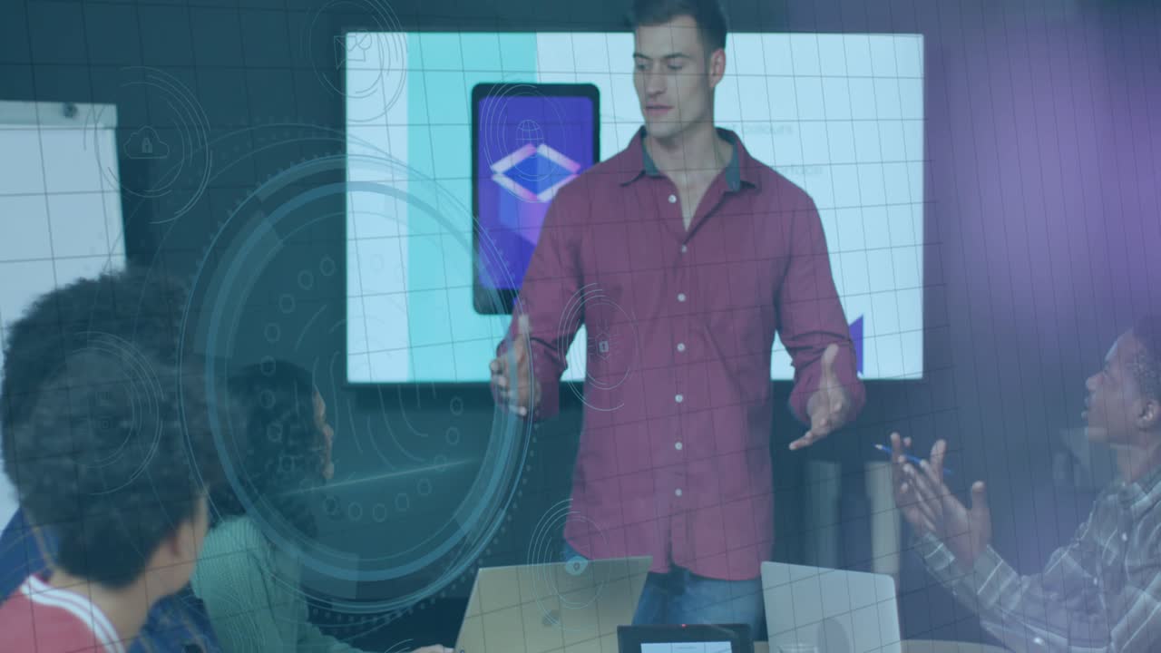 Animation of digital screen with data over diverse coworkers in office