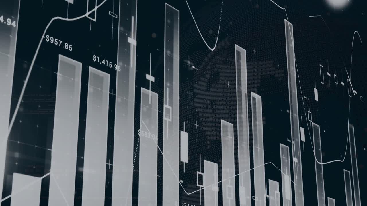 Animation of multiple graphs with changing numbers over rotating globe on black background